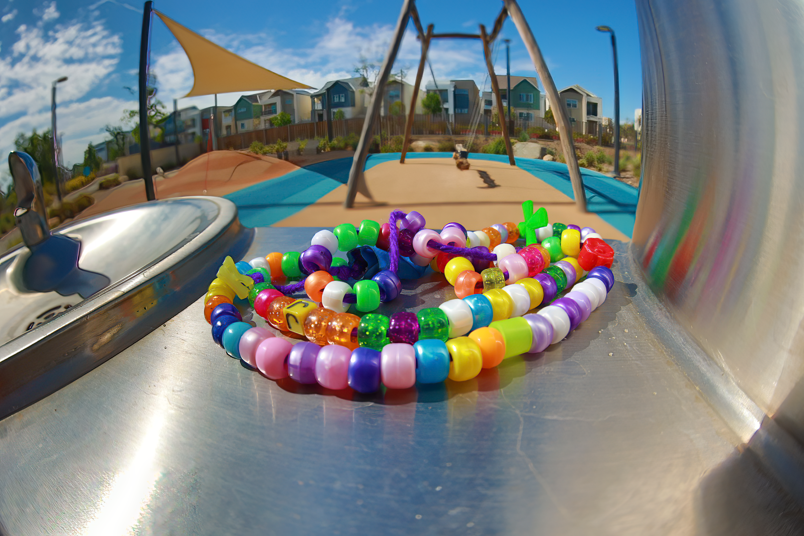 Vibrant beaded bracelets arranged on metallic playground surface with swings in the background.